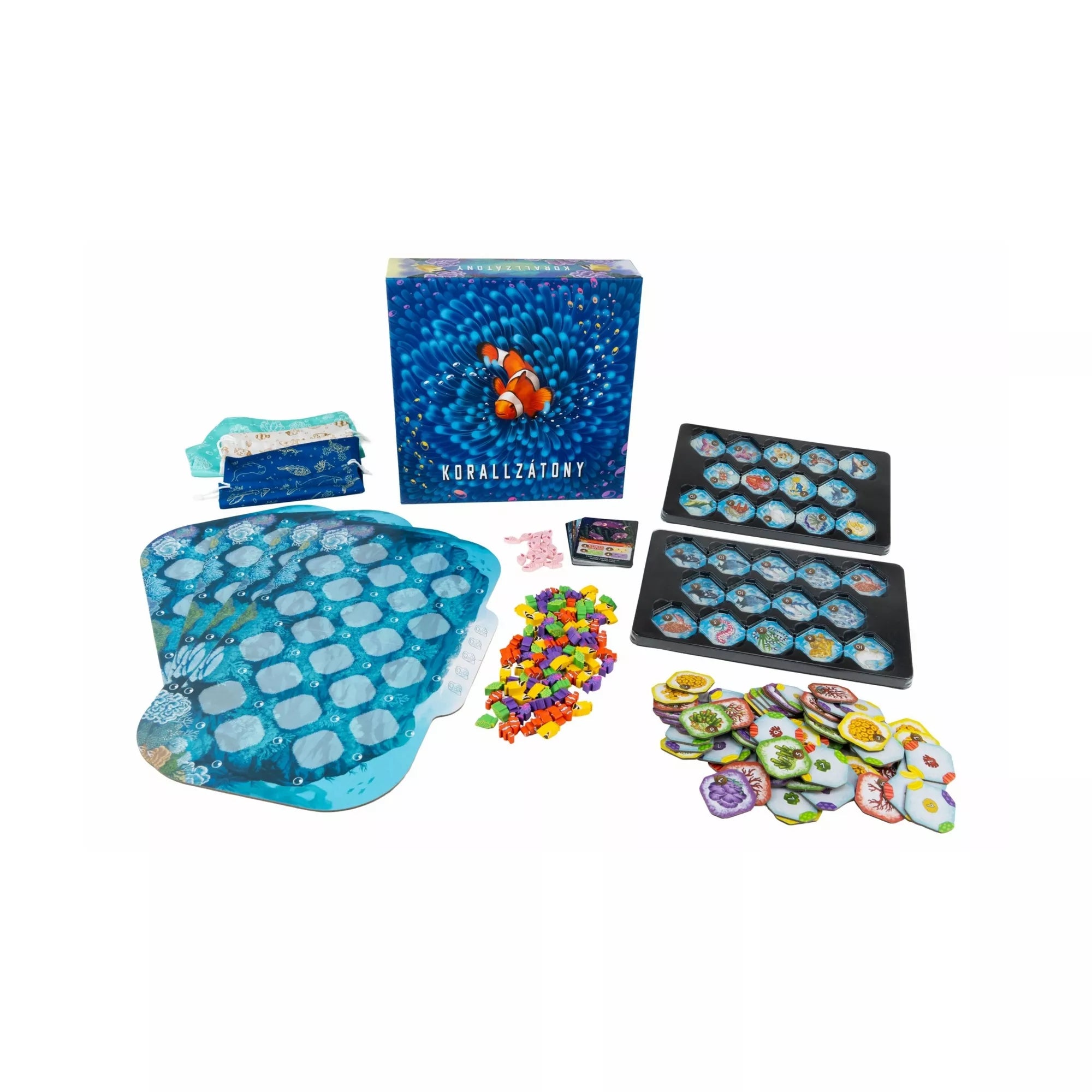 Korallzátony társasjáték teljes tartalma táblákkal, lapkákkal, halfigurákkal és dobozzal