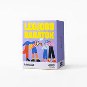 A Legjobb barátok kártyajáték doboza fehér háttér előtt. A lilás-sárga dizájn és a modern illusztrációk fiatalos, pozitív hangulatot árasztanak, hangsúlyozva a játék célját: közelebb hozni az embereket egymáshoz.