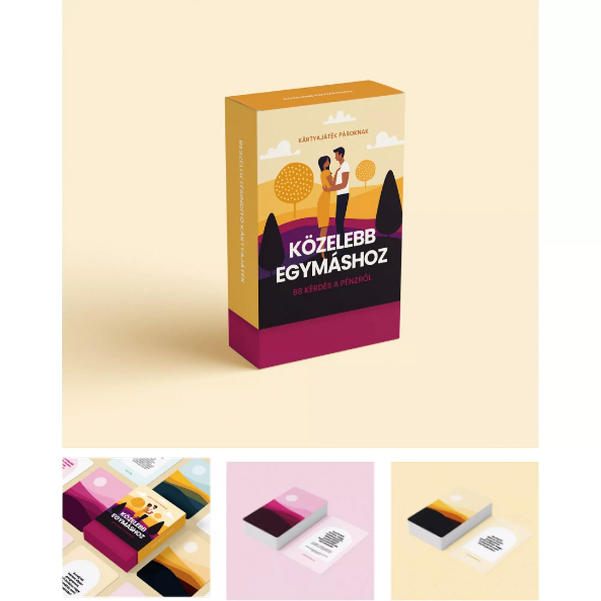 A Közelebb egymáshoz – 88 kérdés a pénzről kártyajáték doboza, sárga és bordó színekben, romantikus pár illusztrációjával.