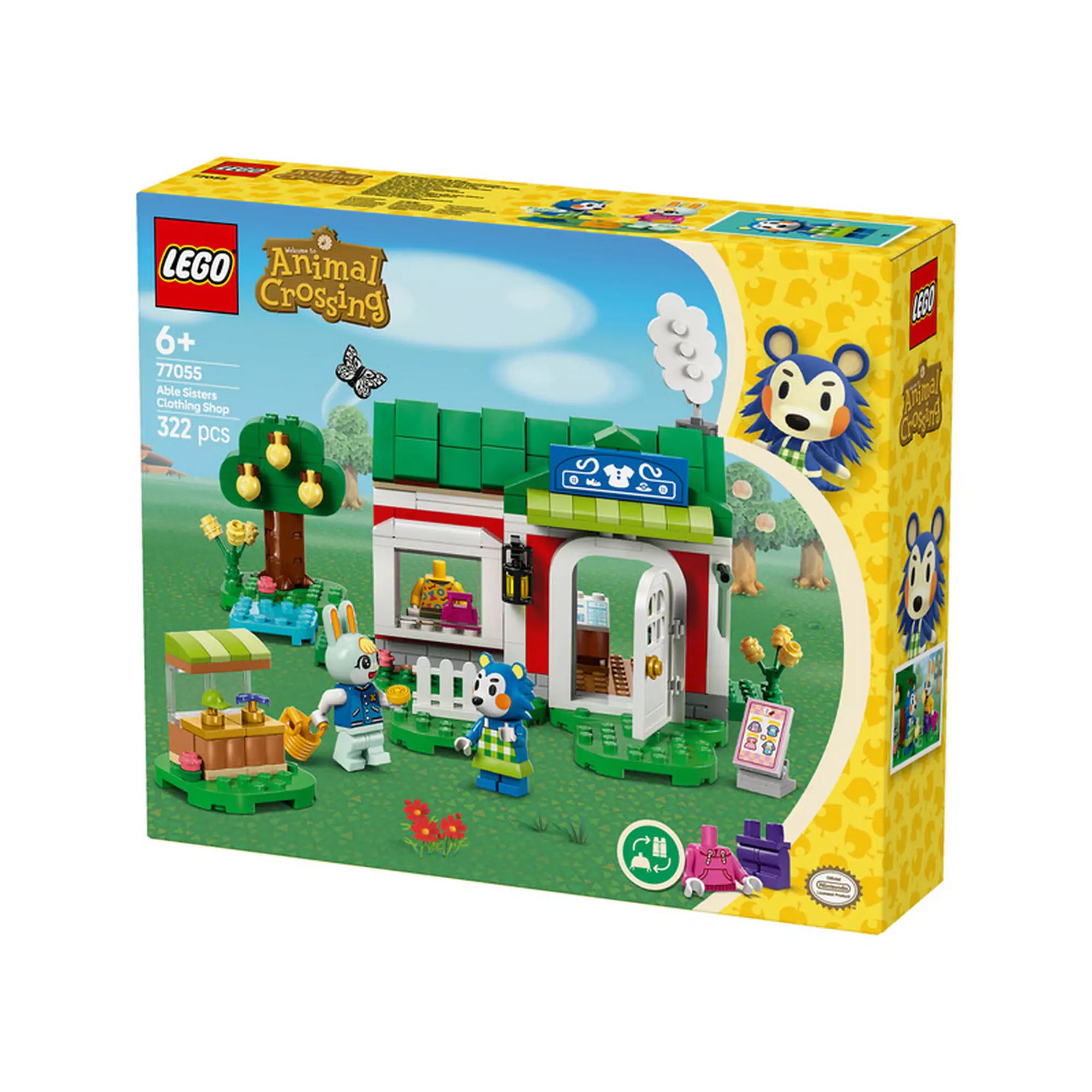  LEGO Animal Crossing Able Sisters Ruhabolt 77055 dobozkép, amely bemutatja a ruhabolt és a kiegészítők részleteit egy gyönyörű zöld környezetben.