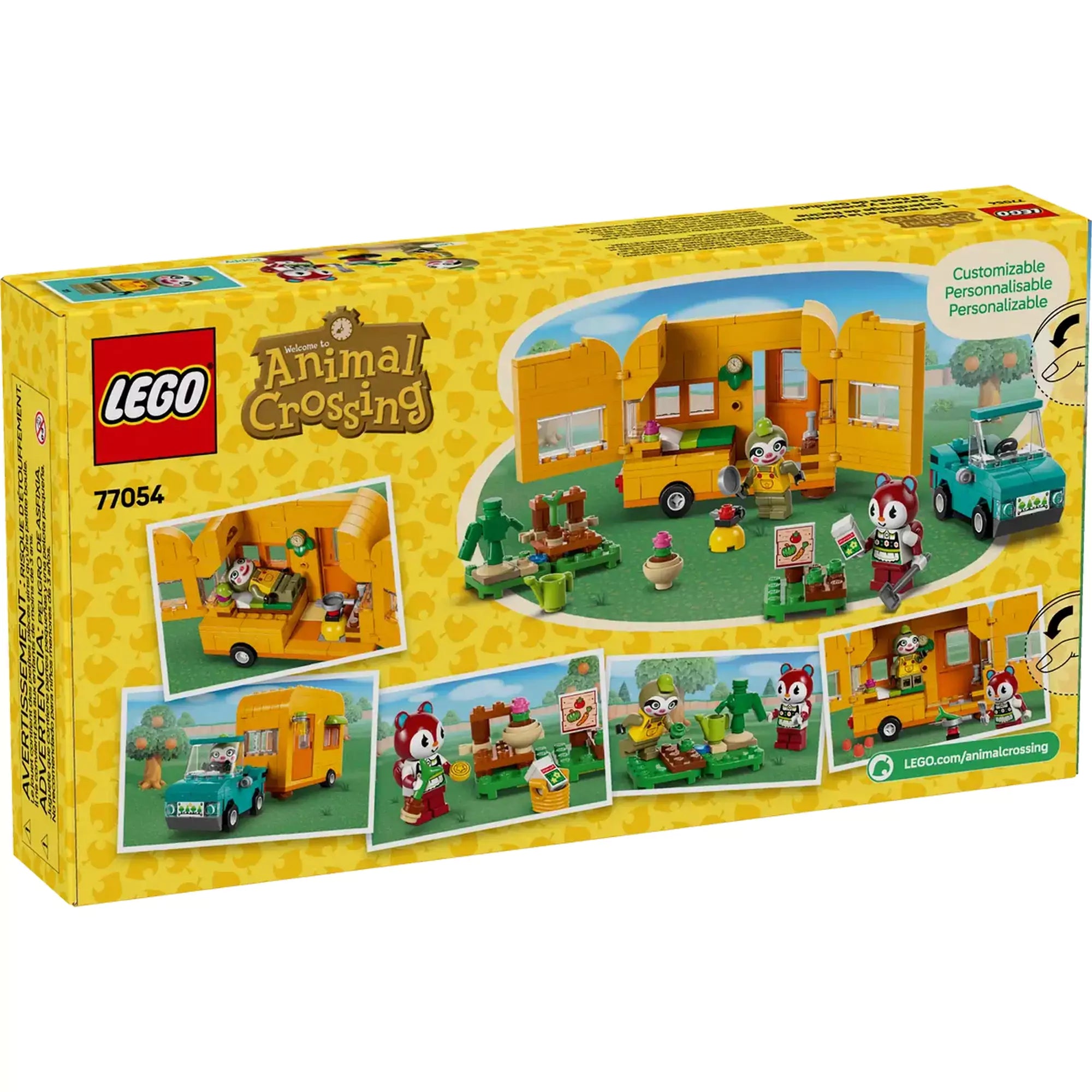 A LEGO Animal Crossing készlet hátsó nézete, melyen Leif karavánja és kertészeti boltja (77054) látható, nyitható lakókocsival és kiegészítőkkel.