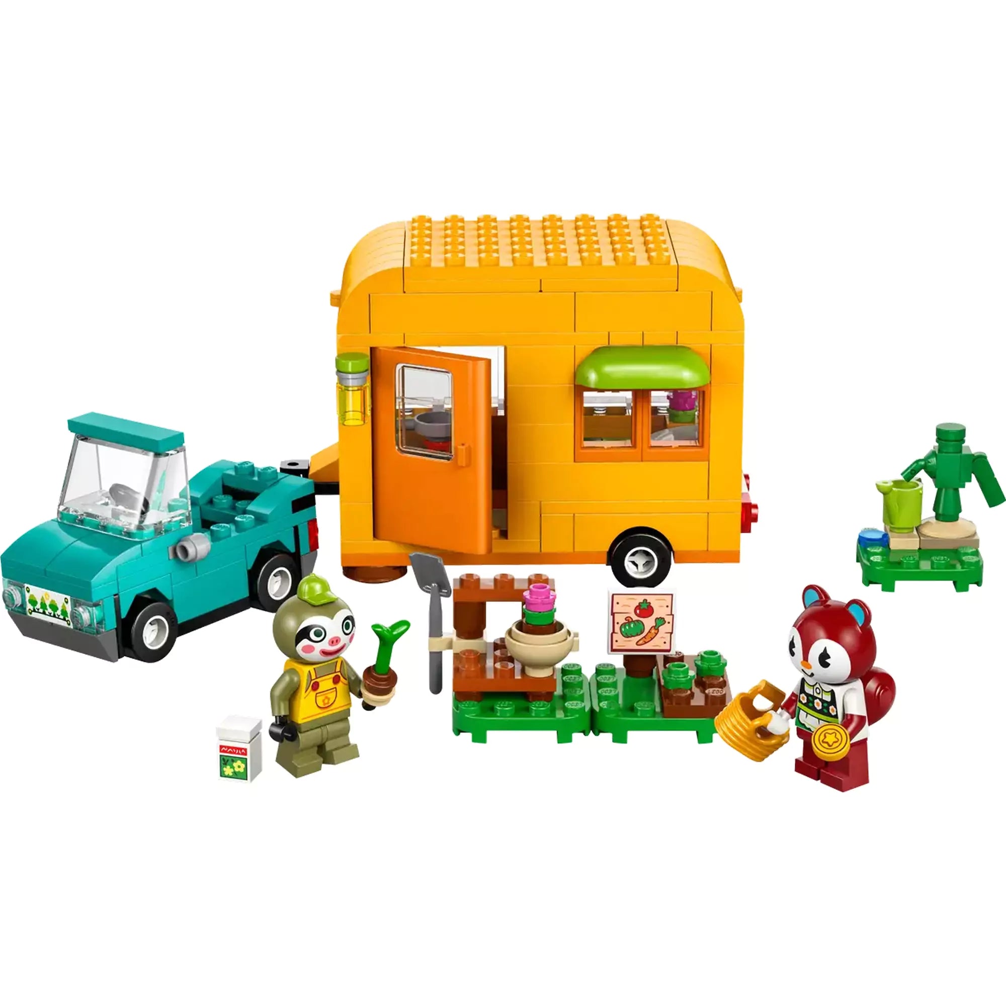  Leif karavánja és kertészeti boltja LEGO Animal Crossing szett (77054), egy nyitható sárga lakókocsival, zöld játékkocsival és minifigurákkal.