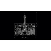LEGO Architecture: Párizs, a szerelem városa 21064 – Műszaki rajz a modell méreteivel és a párizsi látkép vonalas ábrázolásával.