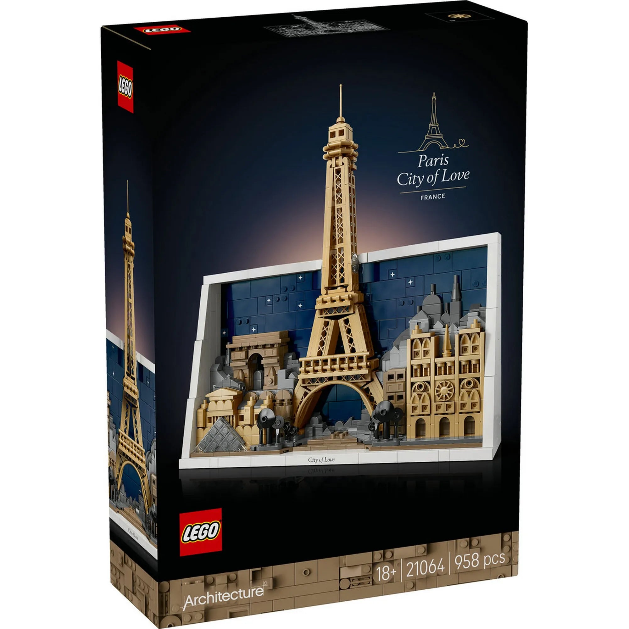 LEGO Architecture: Párizs, a szerelem városa 21064 – A LEGO Architecture készlet doboza, rajta a „City of Love” párizsi díszmodell.