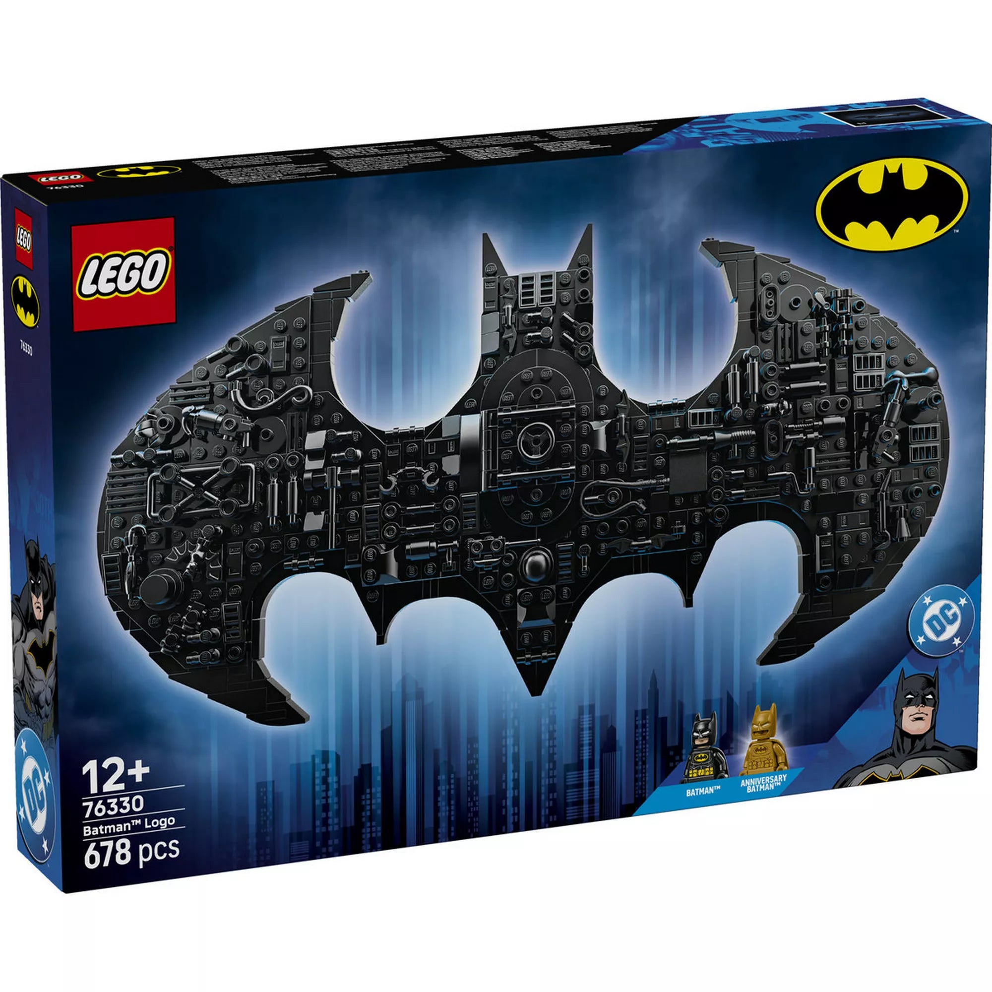 LEGO DC Batman logó 76330 dobozkép, nagyméretű fekete Batman jel szobadekorációs modell 678 darabos LEGO készletből.