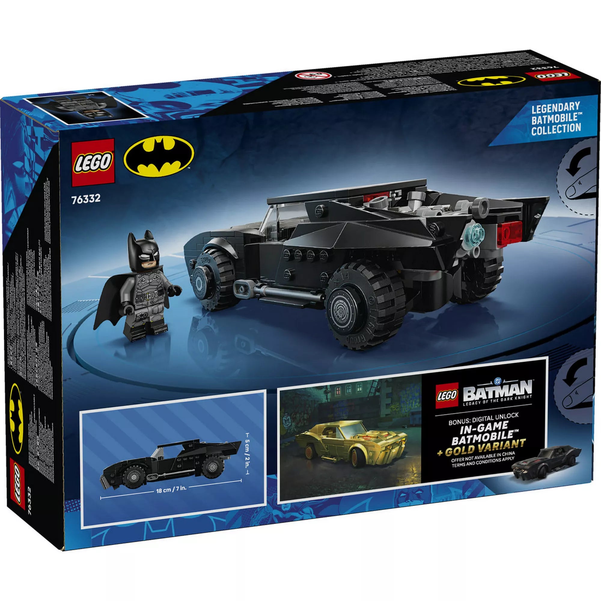 LEGO DC Batman Batmobile 76332 hátoldali dobozkép, Batman minifigurával és a Batmobile részletes járműmodelljével