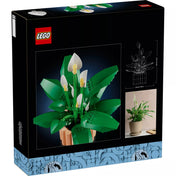 LEGO Botanicals Peace Lily (11504) készlet hátoldali dobozképe, a megépített békeliliom részletes bemutatásával, méretarányos ábrával és valódi növényről készült inspirációs fotóval.