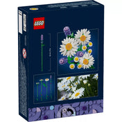 LEGO Botanicals Daisies (11508) doboz hátoldala, a megépített virágcsokor bemutatásával, méretjelöléssel és valódi virág inspirációs képpel.