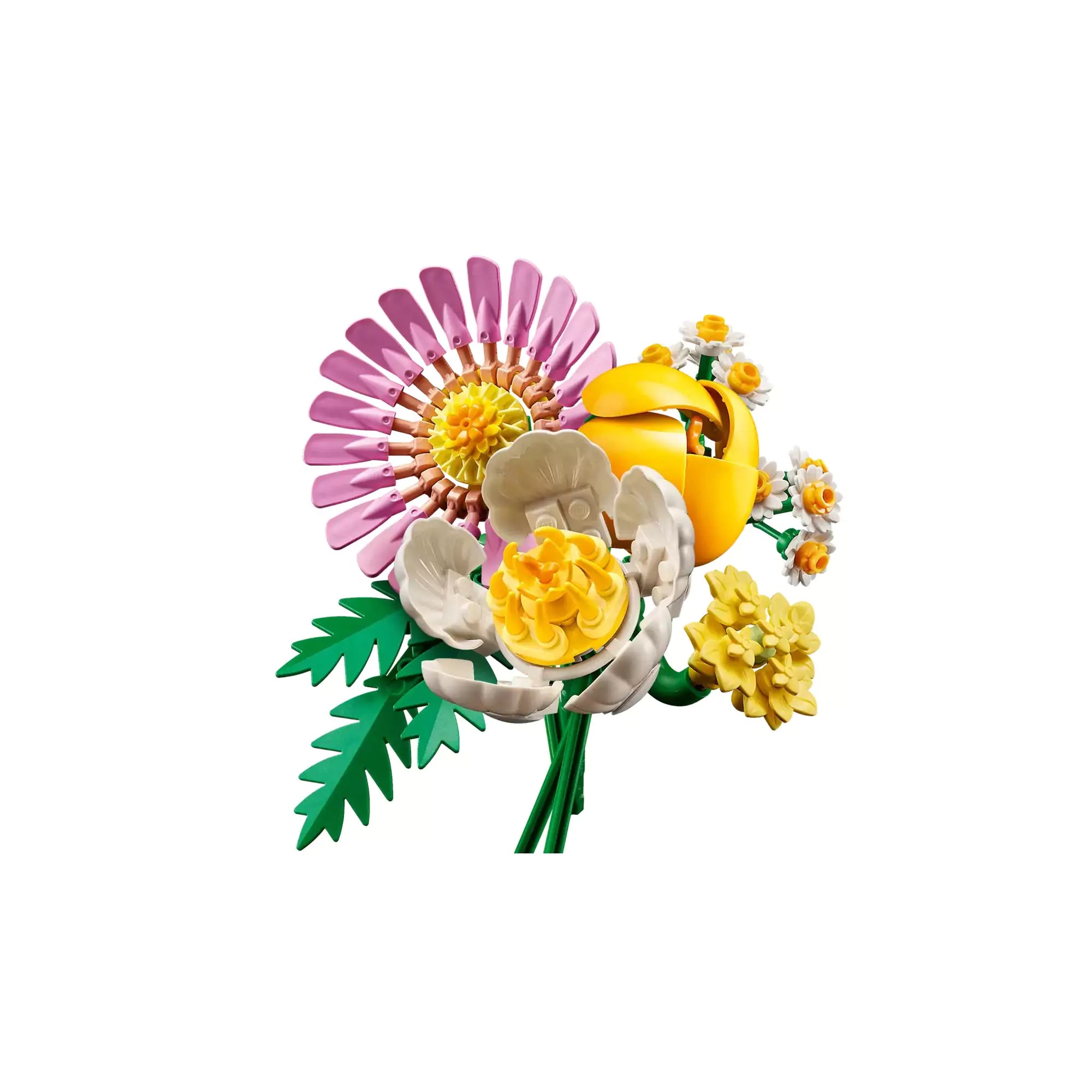 LEGO Napfényes virágcsokor elölnézetből – A LEGO 10347 készlet színpompás virágai: rózsaszín margaréta, sárga boglárka, fehér pipacs és harangvirágok.