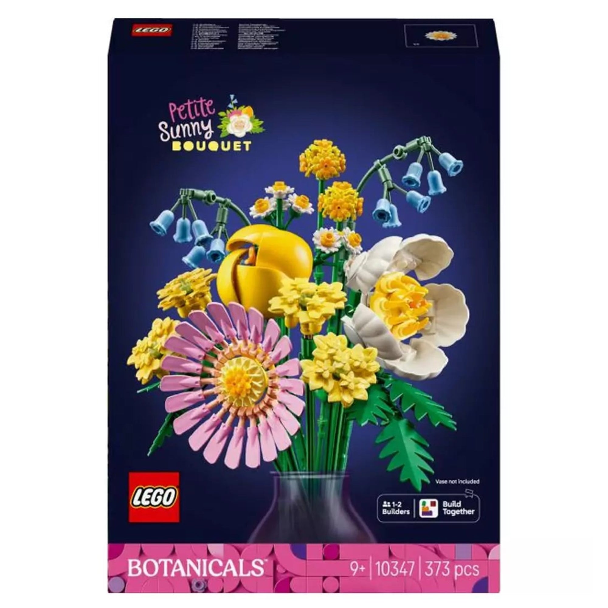 A LEGO 10347 készlet színes doboza, rajta a Napfényes virágcsokor képe kék háttérrel, 373 elemes jelöléssel.