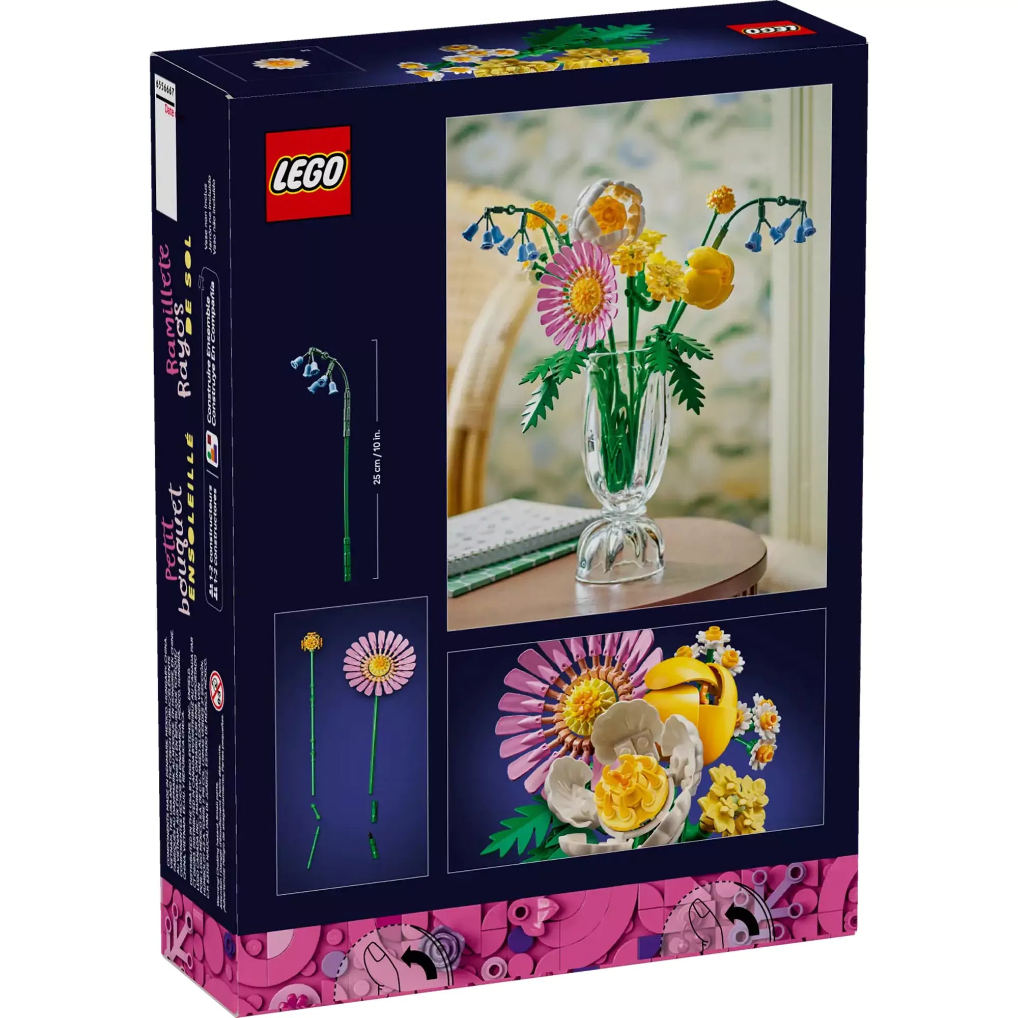  A LEGO Napfényes virágcsokor dobozának hátoldala, rajta a virágcsokor mérete, fotó a vázában elhelyezett készletről és részletek a virágokról.