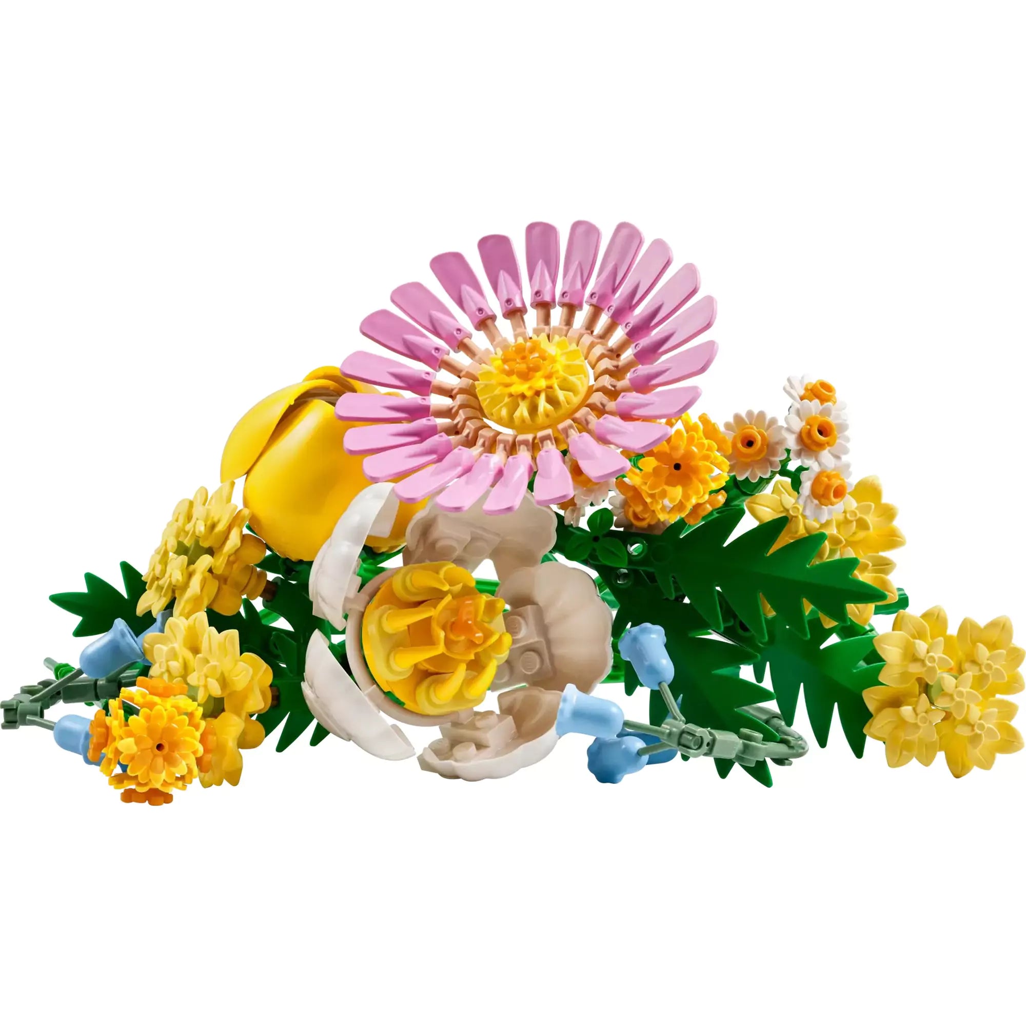 LEGO 10347 virágcsokor vízszintes elrendezésben – A Napfényes virágcsokor elemei vízszintesen elhelyezve, jól látható virágfejekkel és részletgazdag levelekkel.