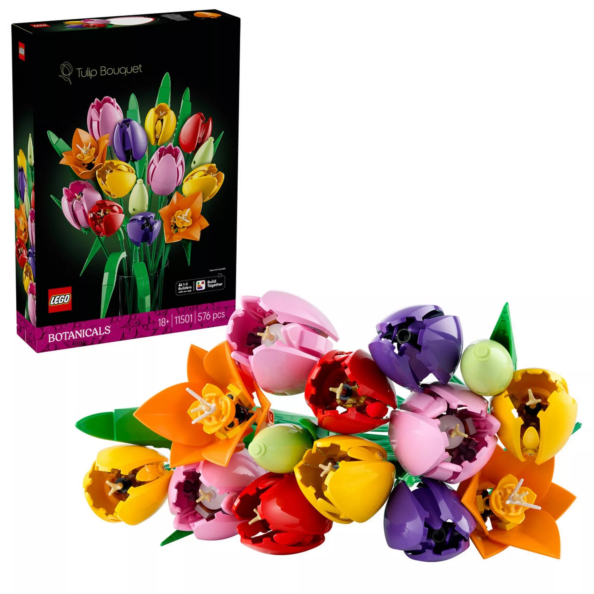 A LEGO® Botanicals Tulipáncsokor (11501) doboza és a kész LEGO virágcsokor együtt, bemutatva a szett tartalmát és a végső dekoratív megjelenést