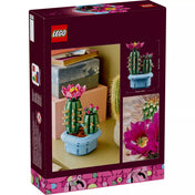 LEGO Botanicals Flowering Cactus (11509) doboz hátoldala, a megépített kaktusz dekoráció bemutatásával, méretadatokkal és valódi növény inspirációs fotóval.