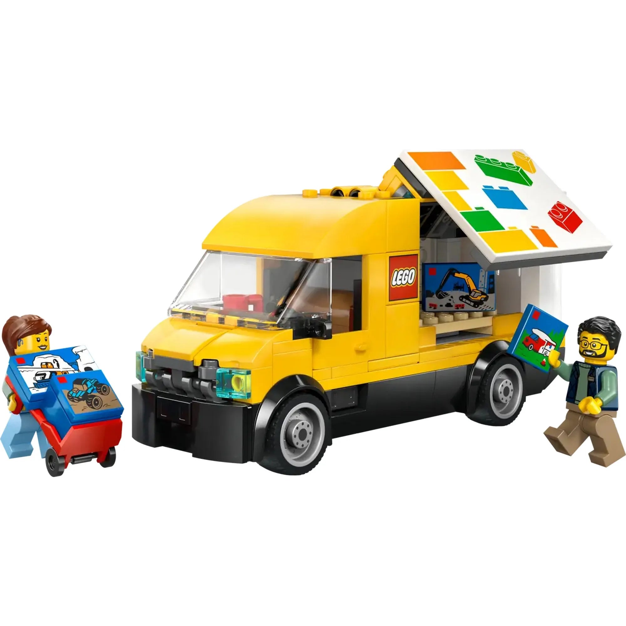 LEGO City: A LEGO furgon 60500 – A megépített sárga LEGO furgon kinyitható oldalfallal és rakománykockákkal.