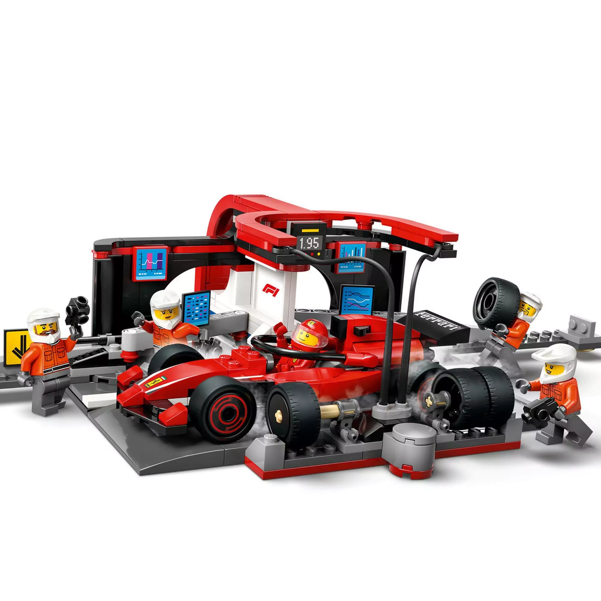 LEGO City F1 boxutca és személyzet, Ferrari autóval (60443) készlet működés közben, versenyautó kerékcserével.