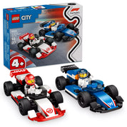  LEGO City F1-es Williams Racing és Haas F1 versenyautók 60464 – dobozkép az autók és a minifigurák játékra kész állapotával.