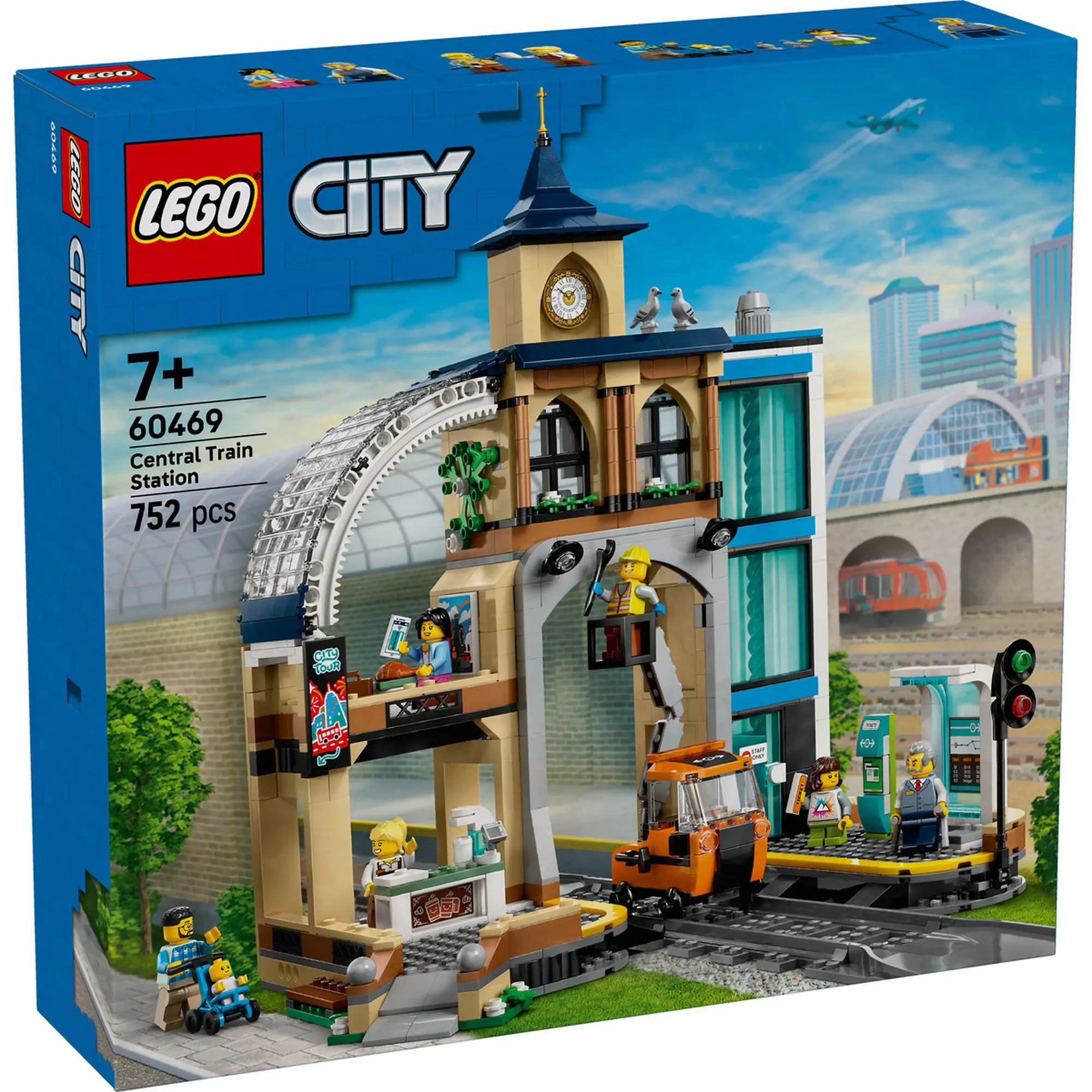  LEGO City Központi vasútállomás (60469) doboza, 752 darabos építőkészlet részletes állomásépülettel és járművekkel
