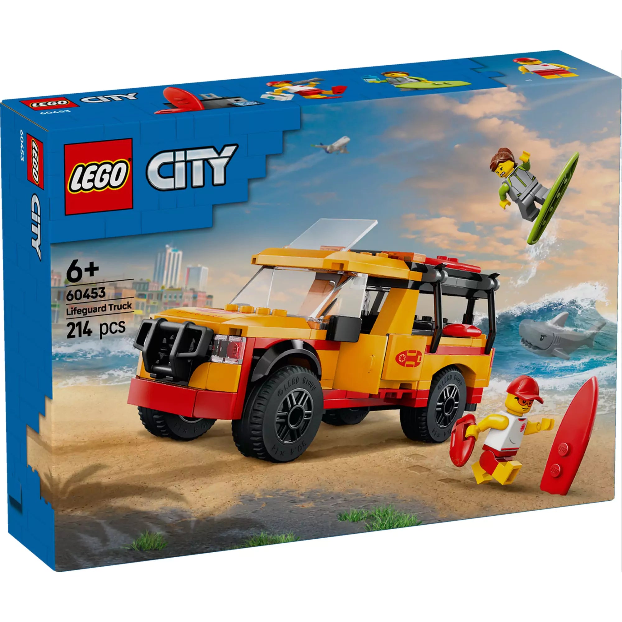 LEGO City Partimentők tengerparti autója 60453 készlet doboza, homokos tengerparton játszó figurákkal és mentőautóval.