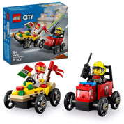 LEGO City Pizzásautó és tűzoltóautó (60458) készlet – A teljes szett tartalma: járművek, minifigurák és részletek.