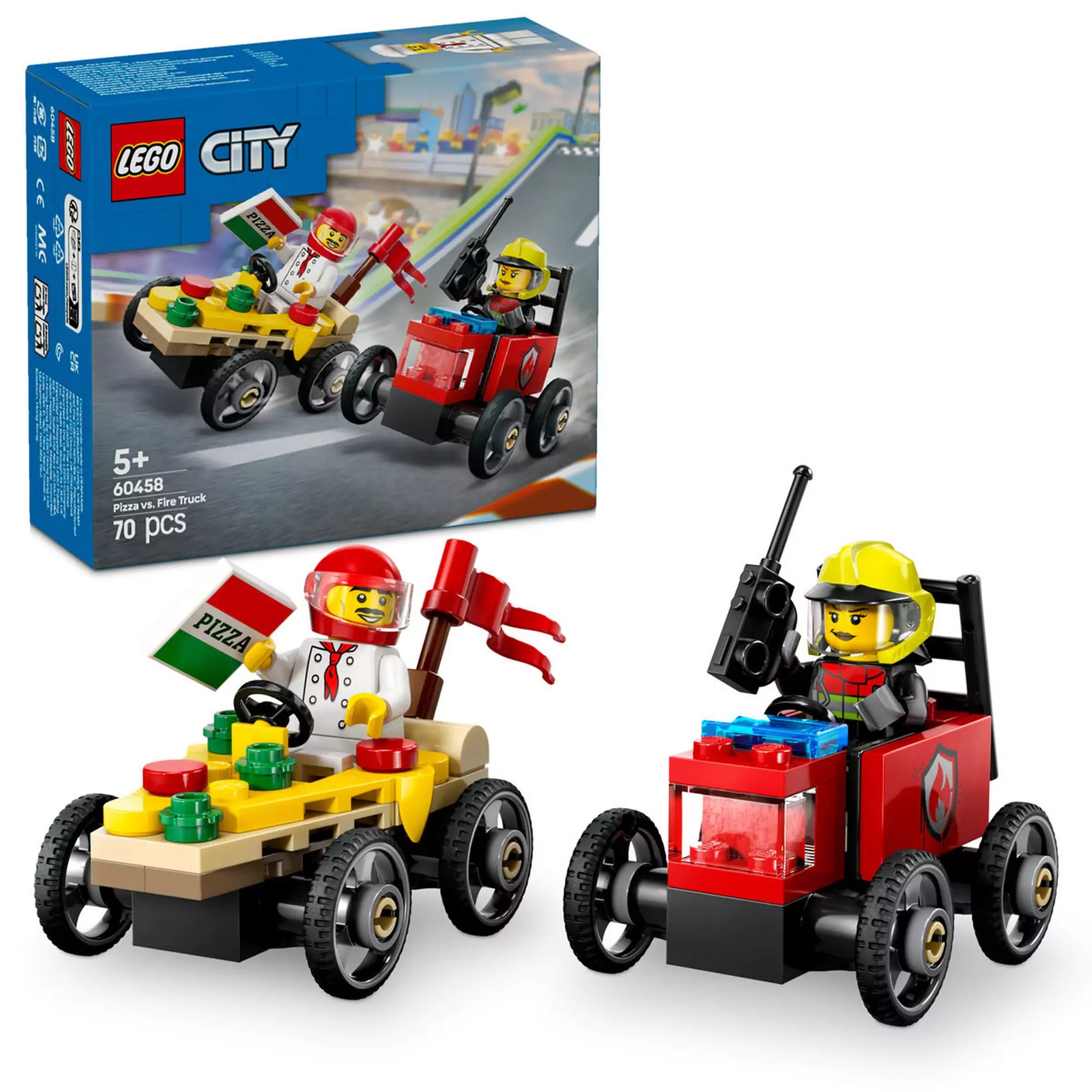 LEGO City Pizzásautó és tűzoltóautó (60458) készlet – A teljes szett tartalma: járművek, minifigurák és részletek.