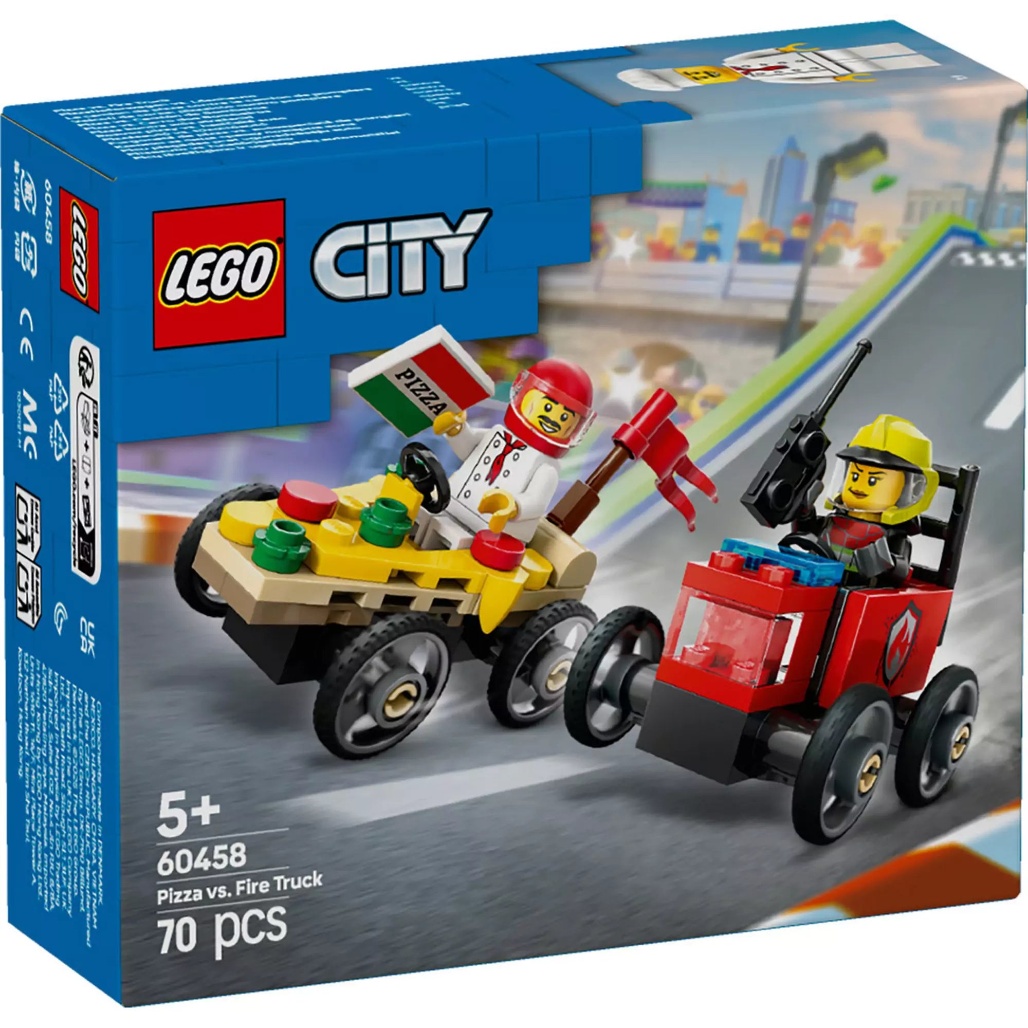 LEGO City Pizzásautó vs. tűzoltóautó (60458) dobozkép – Az izgalmas versenykészlet bemutatása a pizzásautó és tűzoltóautó részvételével.