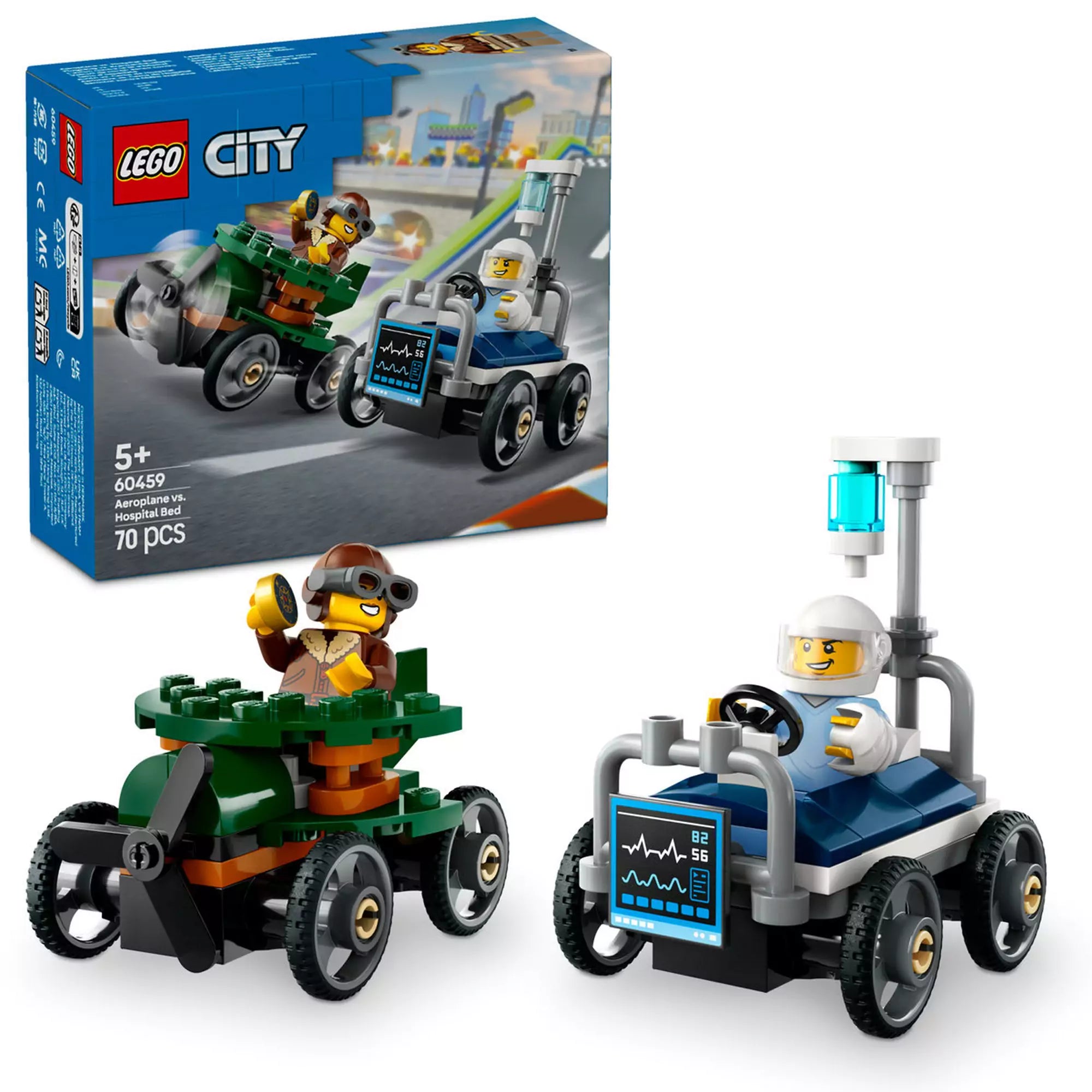 LEGO City Repülő vs. Kórházi ágy (60459) teljes játékkészlet, amely tartalmazza a két soapbox autót és a pilóta minifigurákat.
