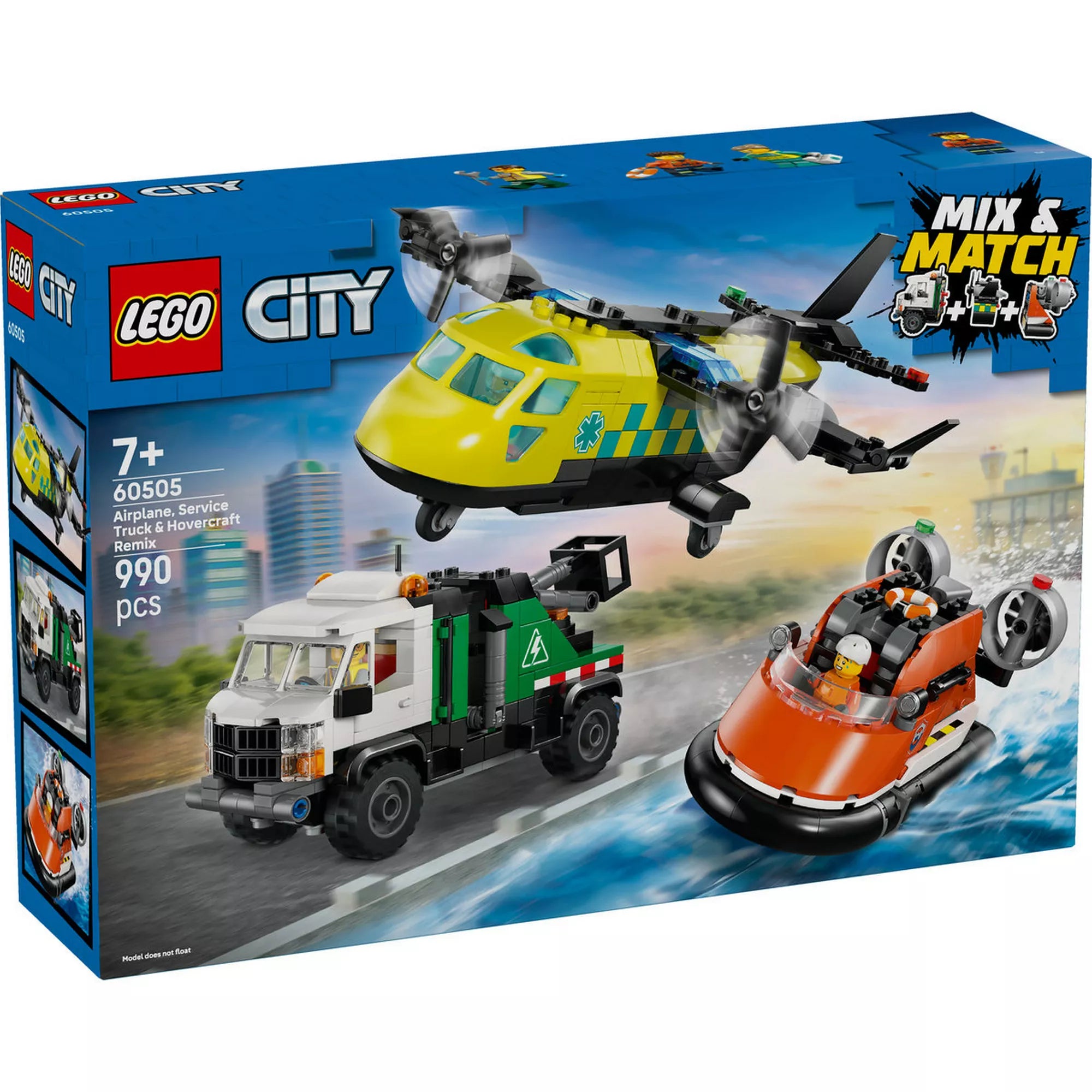 LEGO City 60505 Repülőgép, szervizteherautó és légpárnás jármű moduláris készlet dobozképe, mentőrepülővel, szervizkamionnal és parti őrség légpárnás hajójával