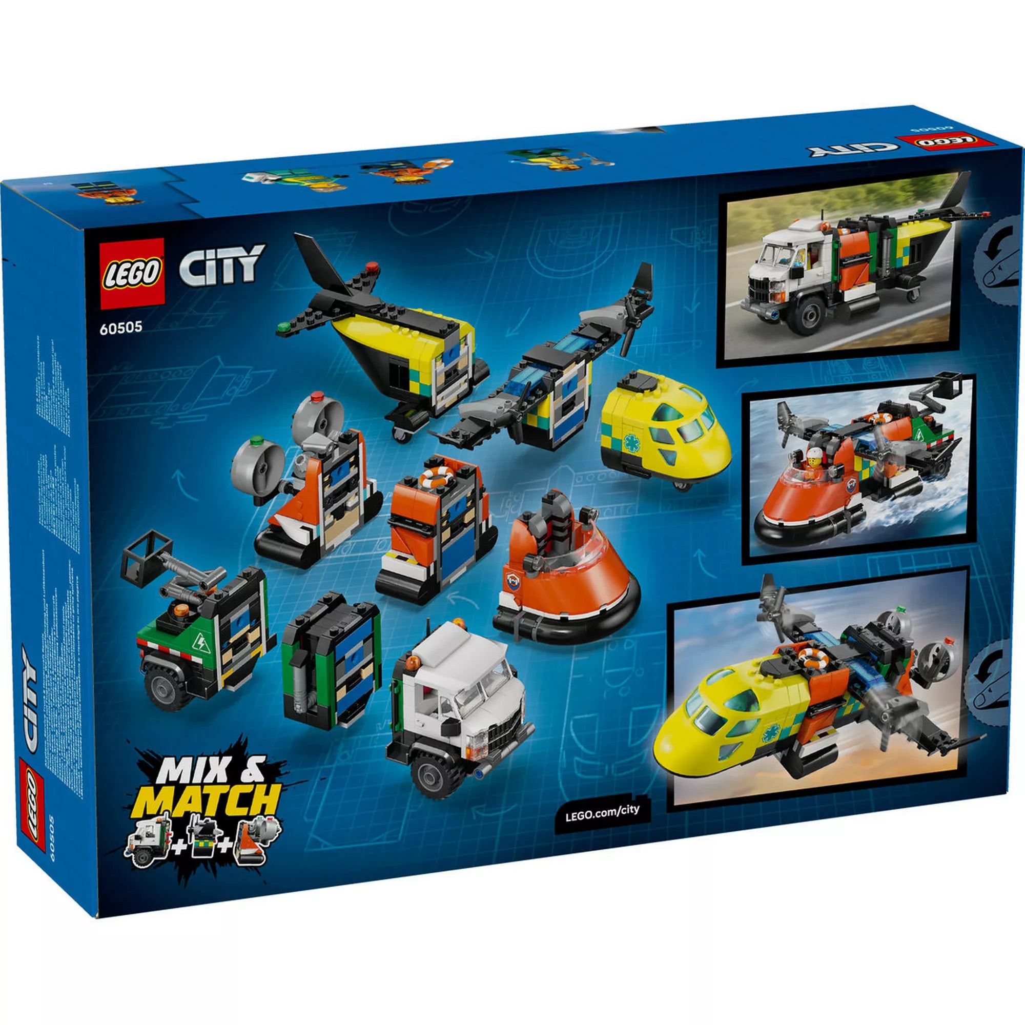LEGO City 60505 készlet hátoldala, amely a cserélhető modulokat és a variálható mentőjármű-kombinációkat mutatja repülőgéppel, teherautóval és légpárnás járművel