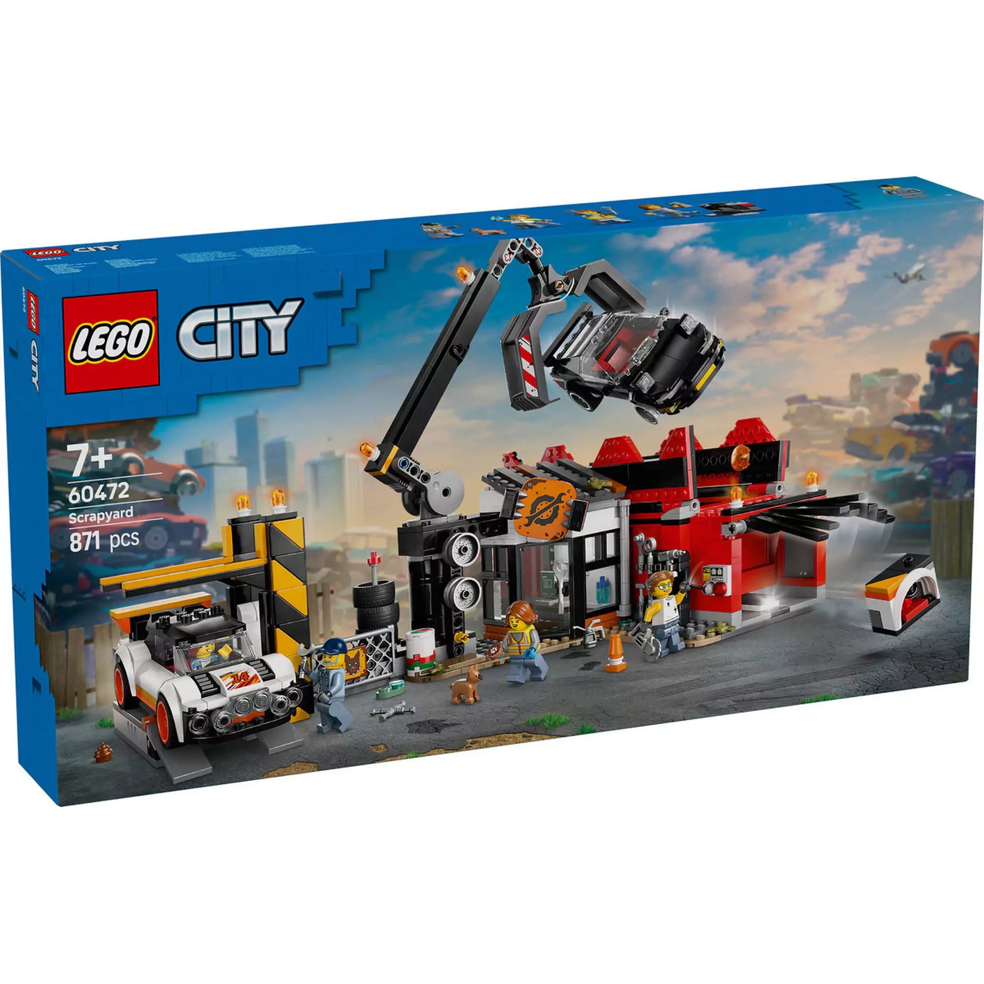 LEGO City Roncstelep autókkal 60472 dobozának eleje - A LEGO City Roncstelep autókkal (60472) szett doboza, amely a roncstelep és járművek izgalmas funkcióit mutatja be.