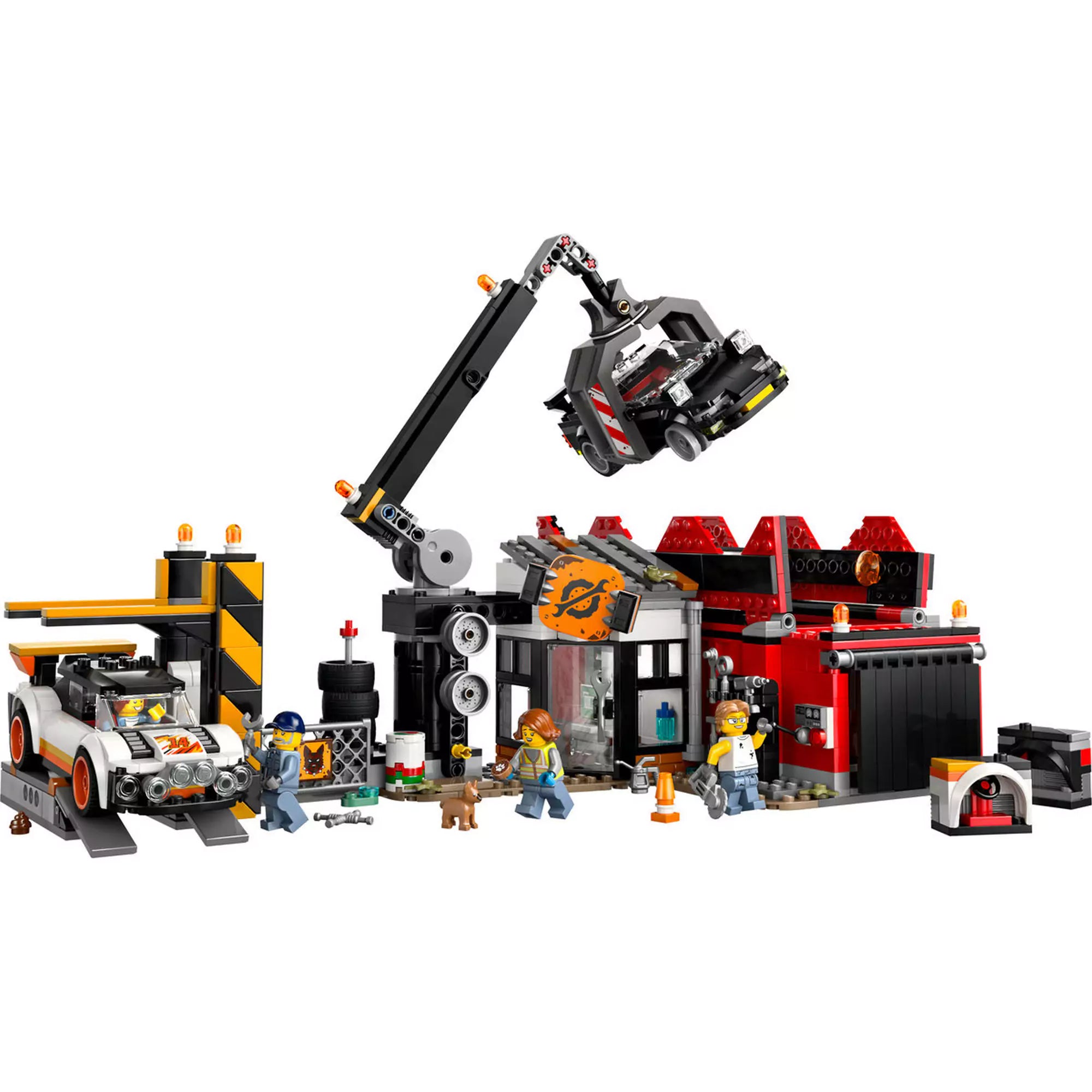 LEGO City Roncstelep autókkal 60472 szett elemei - A LEGO City Roncstelep autókkal (60472) teljes szettje, beleértve a roncstelep épületét, darut, zúzógépet és minifigurákat.