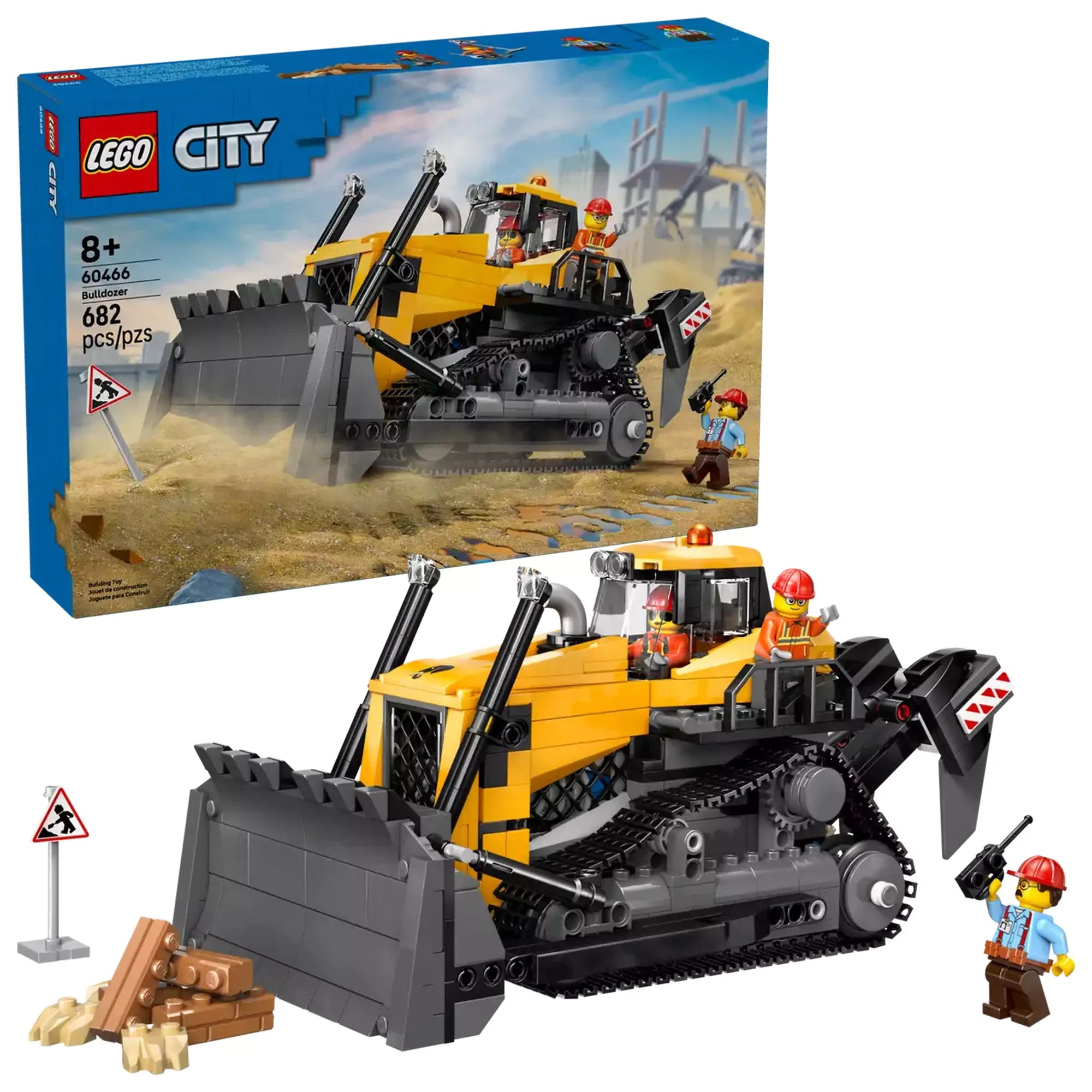 LEGO City: Sárga buldózer 60466 készlet teljes tartalma kibontva, a dobozzal, buldózerrel és három minifigurával együtt.