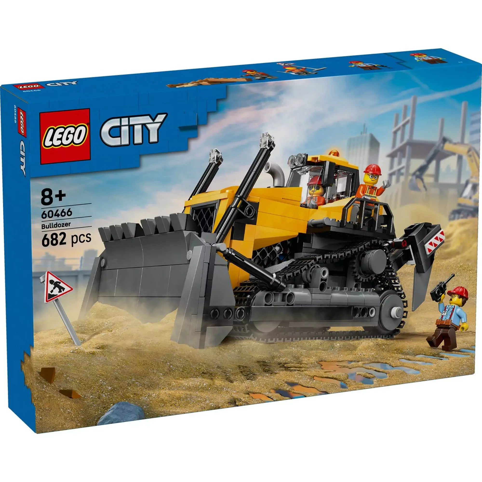 LEGO City: Sárga buldózer 60466 doboza és buldózere homokos építkezési jelenettel és három munkás minifigurával.