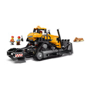 LEGO City: Sárga buldózer 60466 oldalnézet, két építőmunkás minifigurával és elforgatott tolólappal.