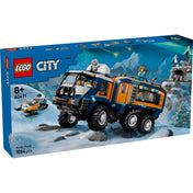 A LEGO City Sarkvidéki felfedezők mozgó laborja (60471) dobozkép havas háttérrel, amelyen a nagy kerekű kutatójármű, egy hószán és több minifigura is látható.