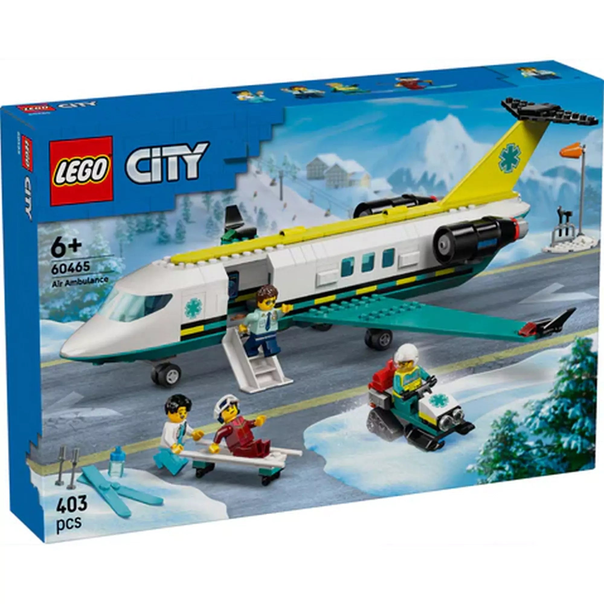 LEGO City: Sürgősségi mentőrepülőgép 60465 doboza téli háttérrel és mentési jelenettel, szereplőkkel.