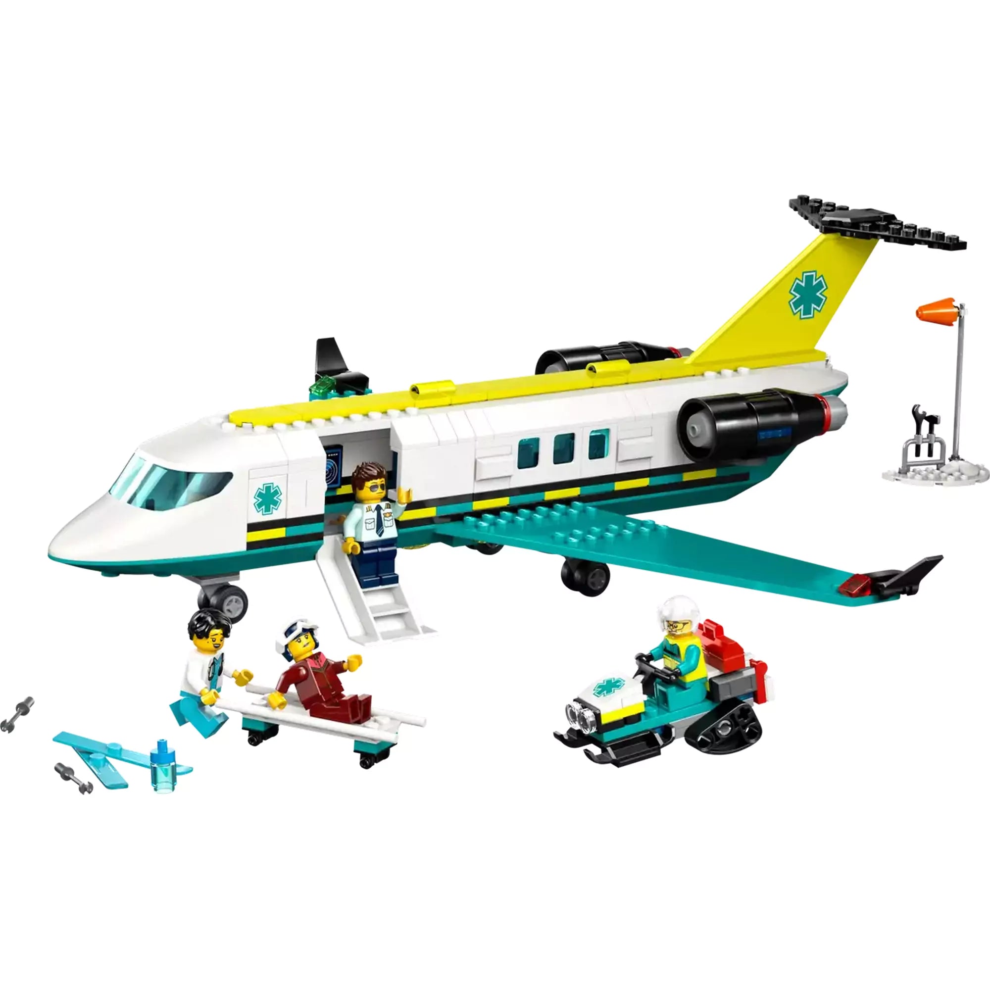 LEGO City: Sürgősségi mentőrepülőgép 60465 repülőgép nyitott ajtóval, hordággyal és hószánnal, kiegészítőkkel.