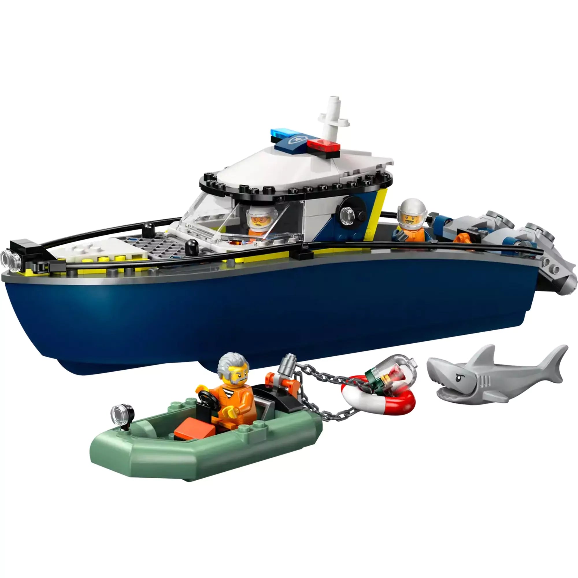 A LEGO City Rendőrségi motorcsónak (60456) teljes összeállított készlete: a rendőrségi hajó, egy zöld gumicsónak, négy minifigura és egy cápa.