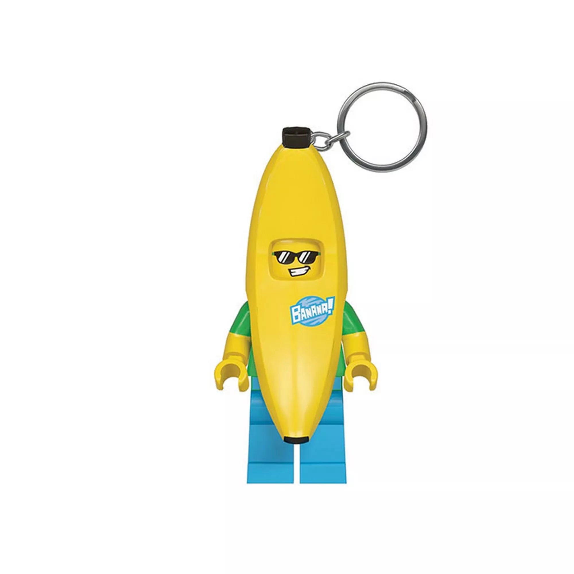A LEGO Banán alakú LED kulcstartó közelről, részletesen ábrázolva. A vidám, napszemüveges LEGO figura sárga banán jelmezben, két lábában LED-lámpával és mozgatható karokkal, praktikus és szórakoztató kiegészítő LEGO rajongóknak.