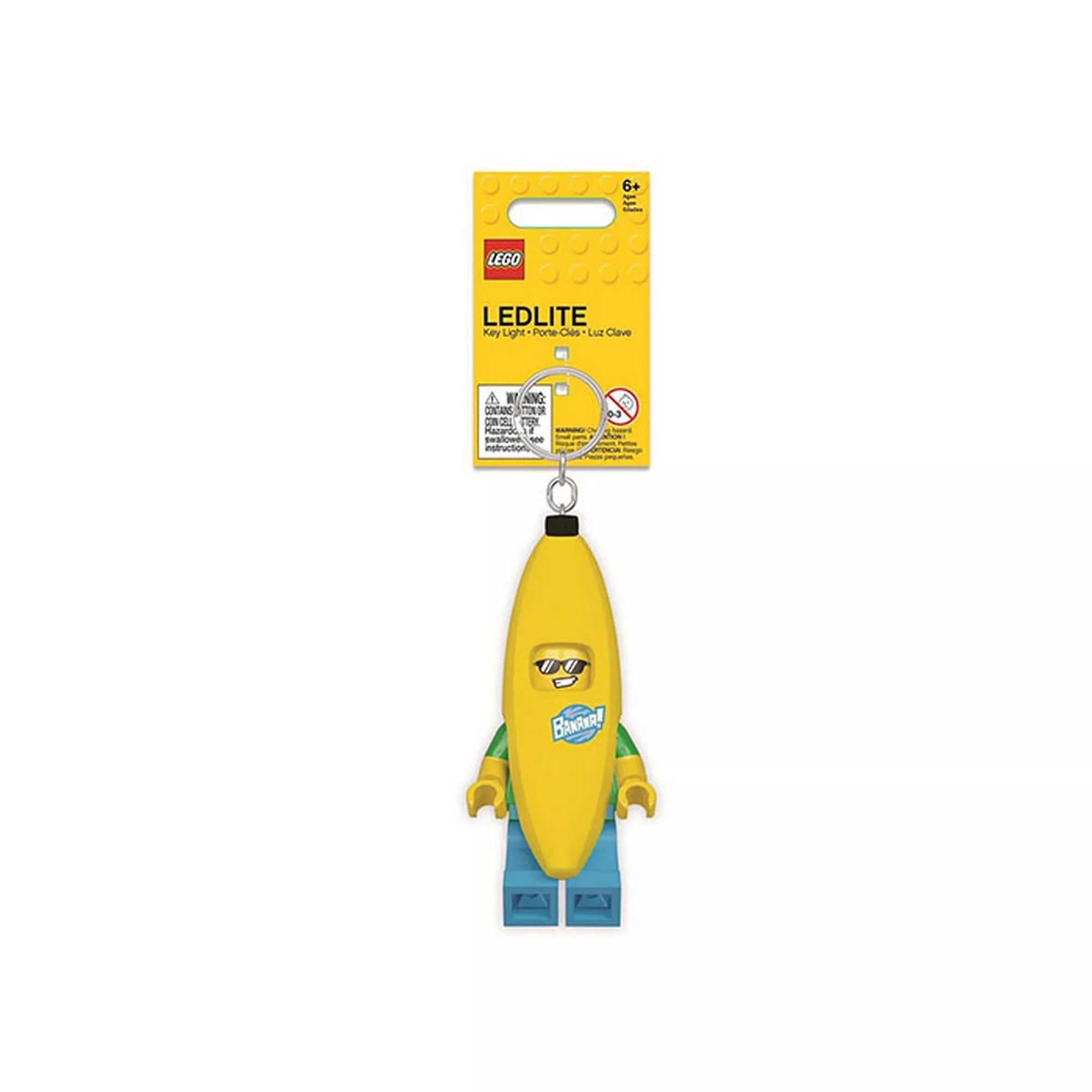 A LEGO Classic: Banán alakú zseblámpa kulcstartó csomagolása, amelyen a napszemüveges LEGO Banán figura látható. A 7,5 cm magas minifigura fém kulcskarikával, LED-fénnyel és mozgatható végtagokkal rendelkezik, ideális táskára vagy kulcscsomóra.