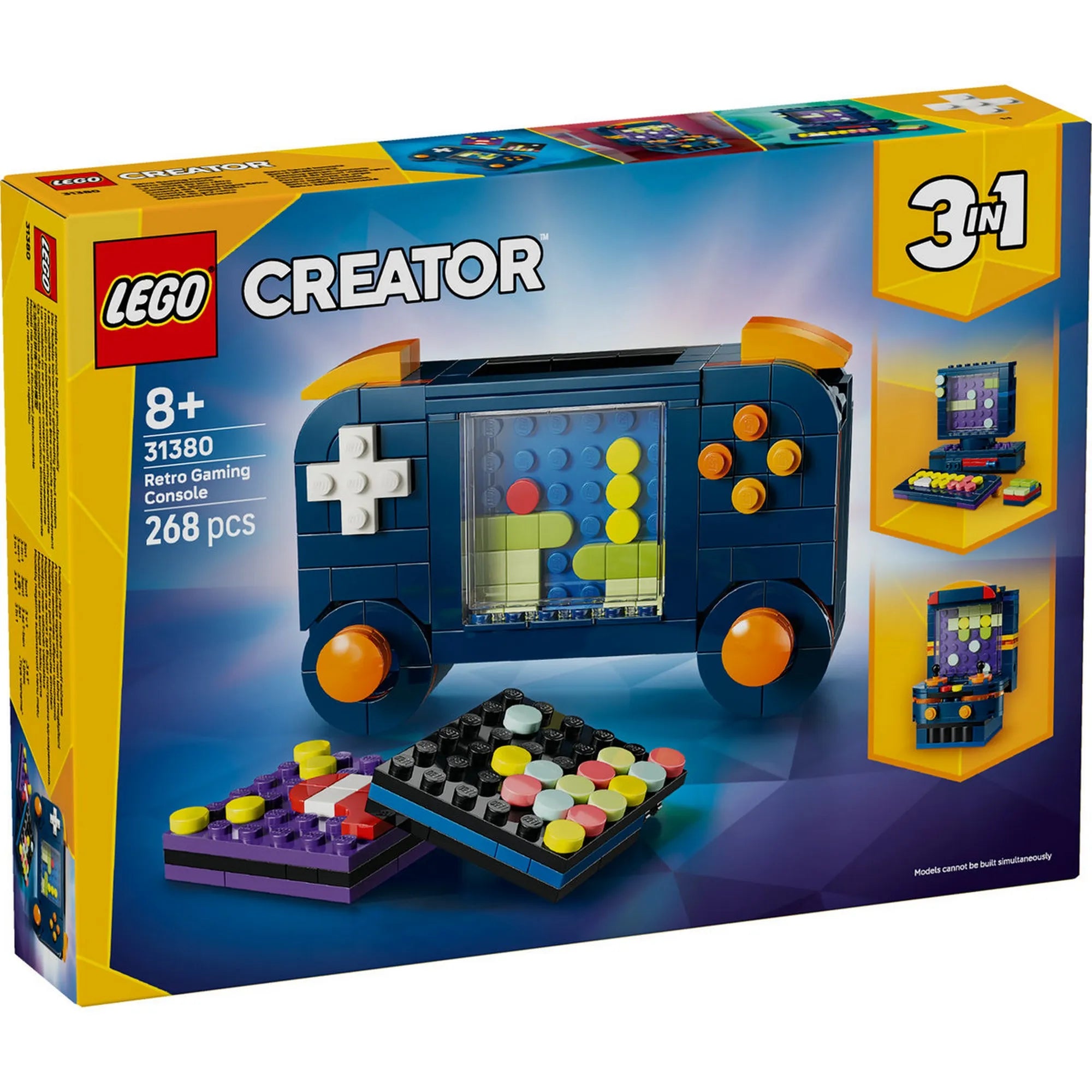 LEGO Creator 3 az 1-ben Retro videojáték konzol 31380 doboz eleje, a fő konzolmodellel és a 3 az 1-ben funkcióval.