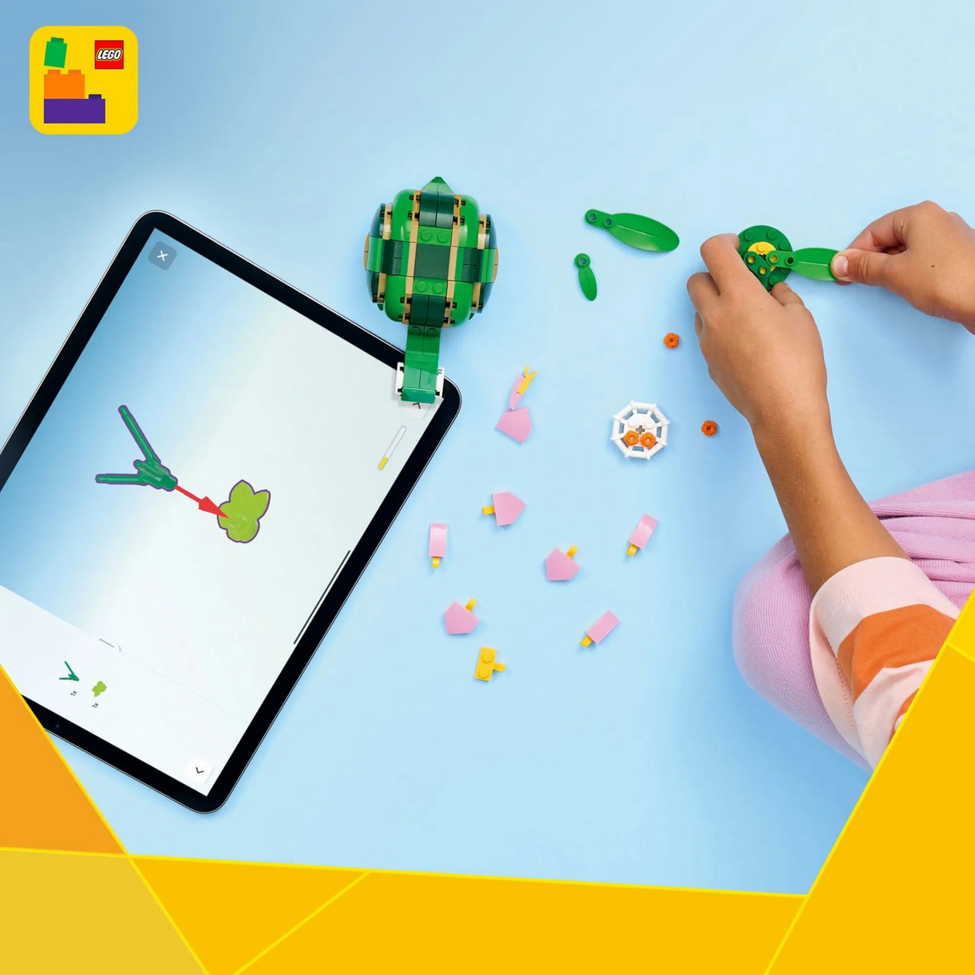 LEGO Creator 3 az 1-ben: Teknős egy vízililiom-virággal 31377 építés közben, LEGO Builder alkalmazással