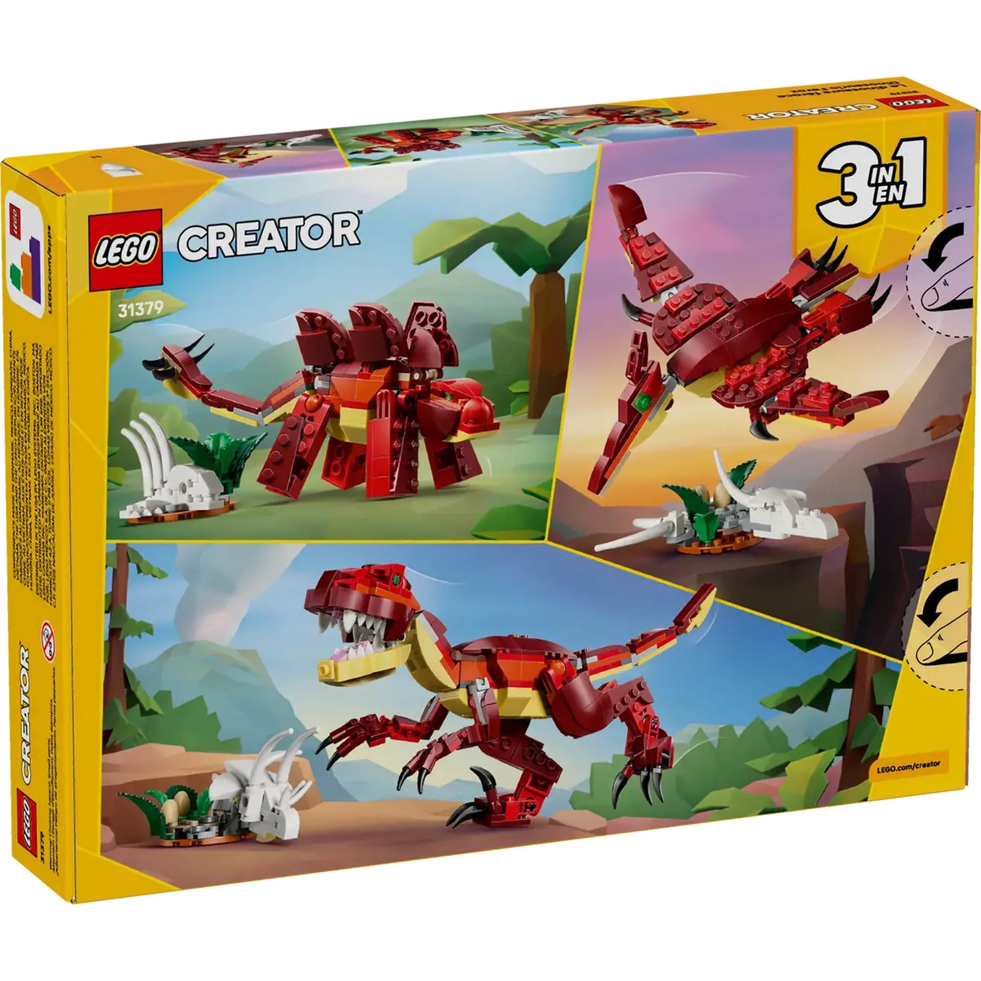 LEGO Creator 3 az 1-ben: Félelmetes dinoszaurusz 31379 hátoldali dobozkép, a három építhető dinoszaurusz modellel.