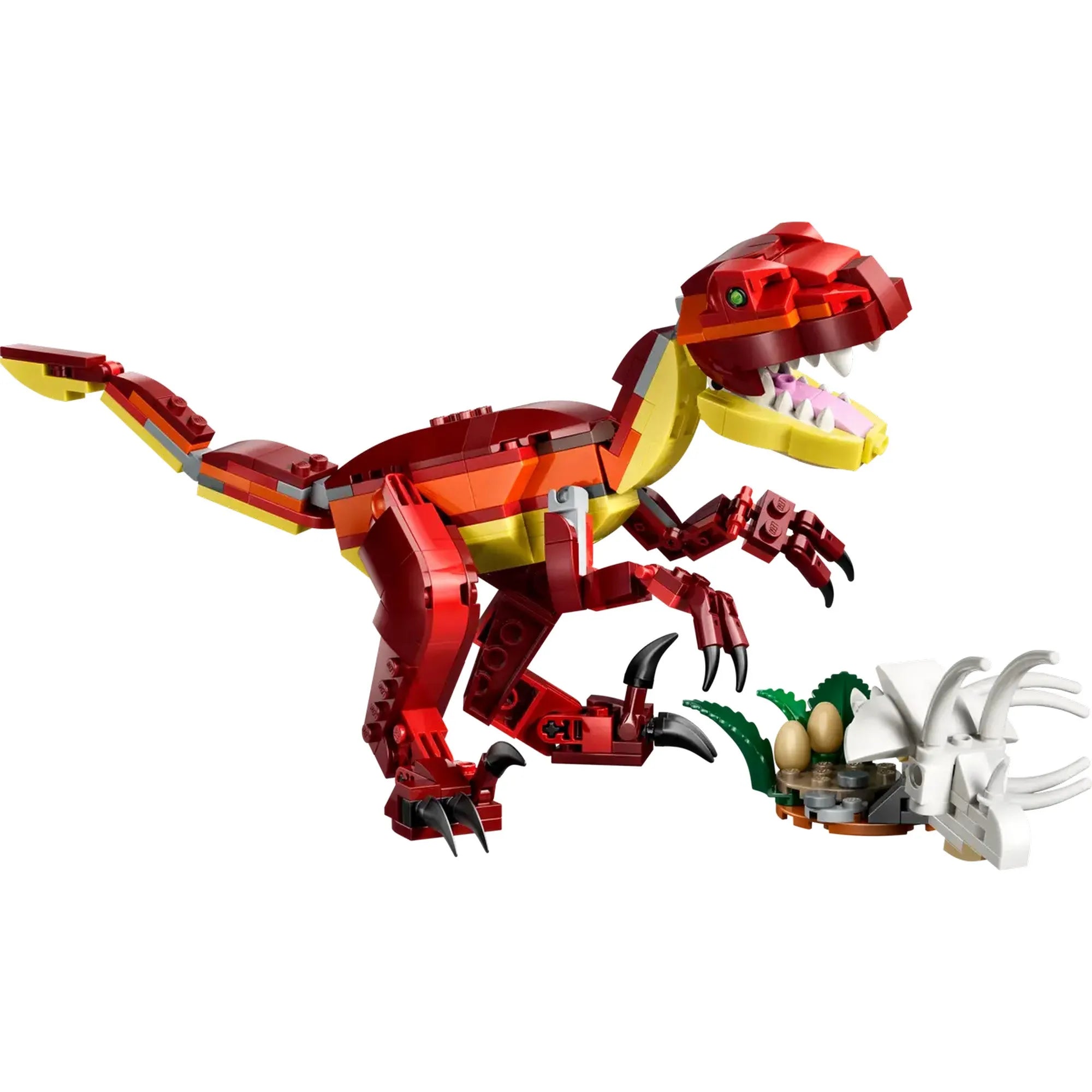 LEGO Creator 3 az 1-ben: Félelmetes dinoszaurusz 31379 piros T-rex figura csontvázzal és tojásokkal.