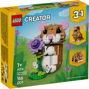 LEGO Creator: Cute Hamster with a Flower (31376) dobozképe, a virágot tartó hörcsög fő modelljével és a 3 az 1-ben építési lehetőséggel.