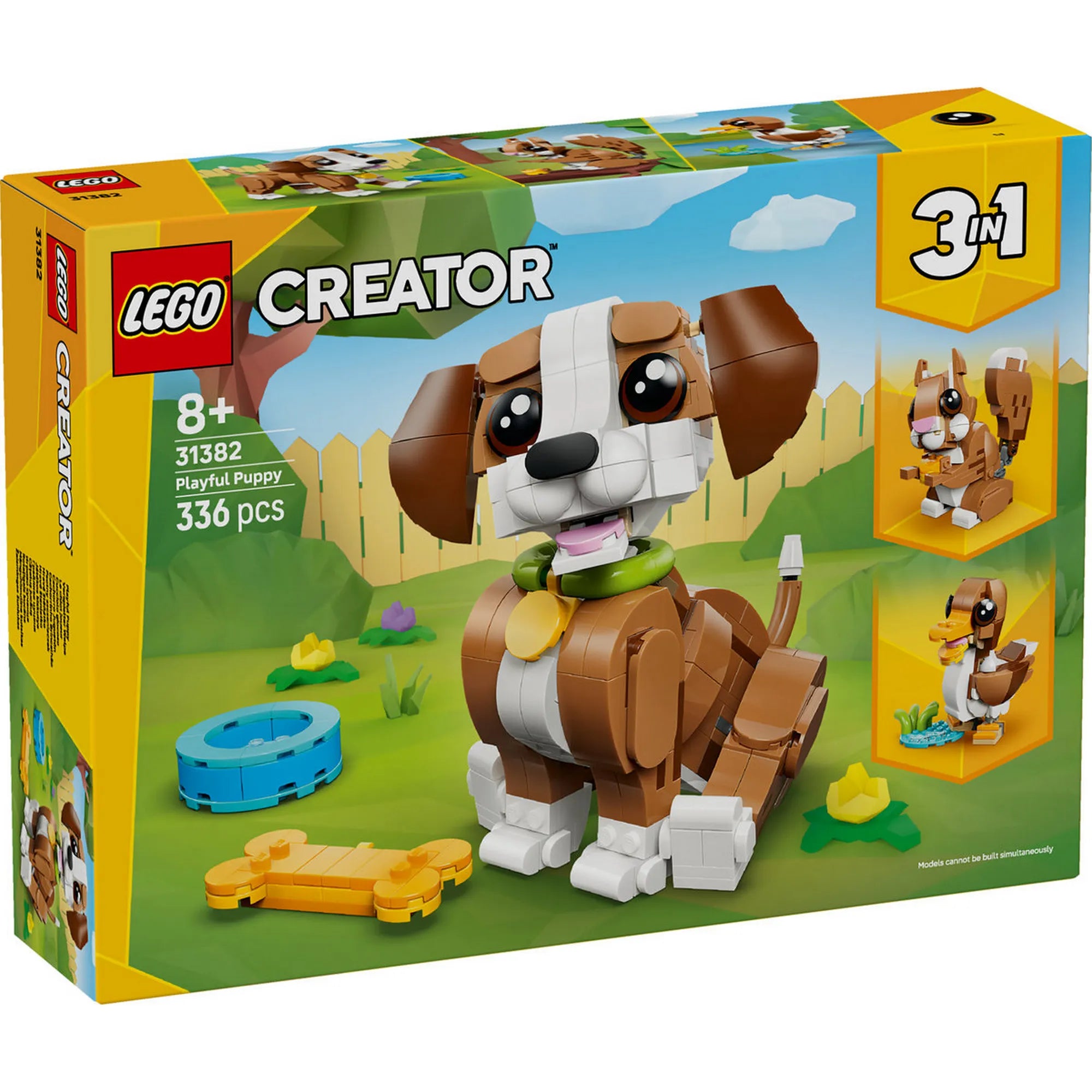 LEGO Creator 3 az 1-ben: Játékos kiskutya 31382 – Dobozkép a megépíthető kiskutyával és a 3 az 1-ben építési lehetőségekkel.