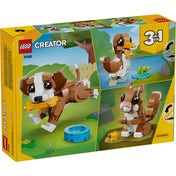 LEGO Creator 3 az 1-ben: Játékos kiskutya 31382 – A doboz hátoldala a 3 különböző megépíthető állatmodellel.