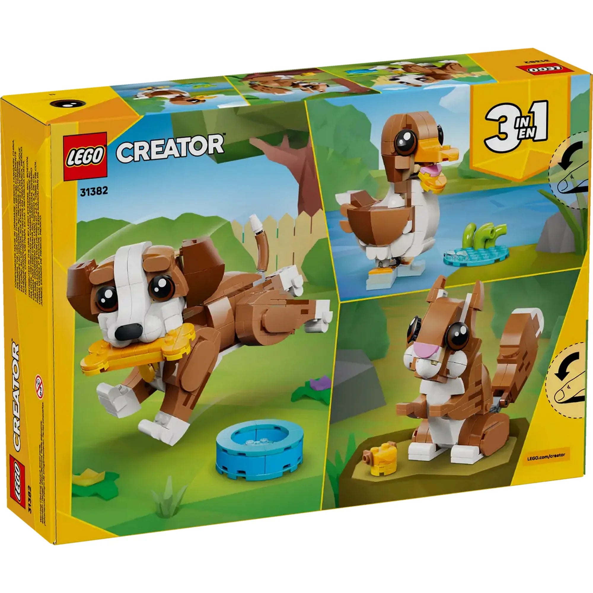 LEGO Creator 3 az 1-ben: Játékos kiskutya 31382 – A doboz hátoldala a 3 különböző megépíthető állatmodellel.