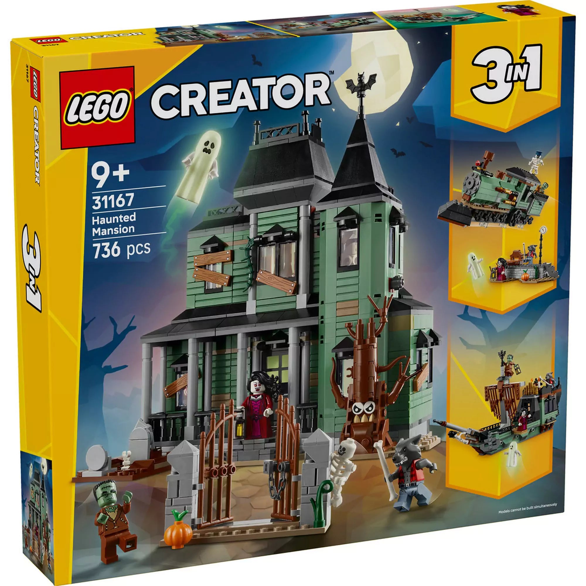 LEGO Creator Kísértetkastély (31167) doboz eleje – A 3 az 1-ben készlet doboza, rajta a zöld kísértetkastély, a telihold, szellemek és a minifigurák.