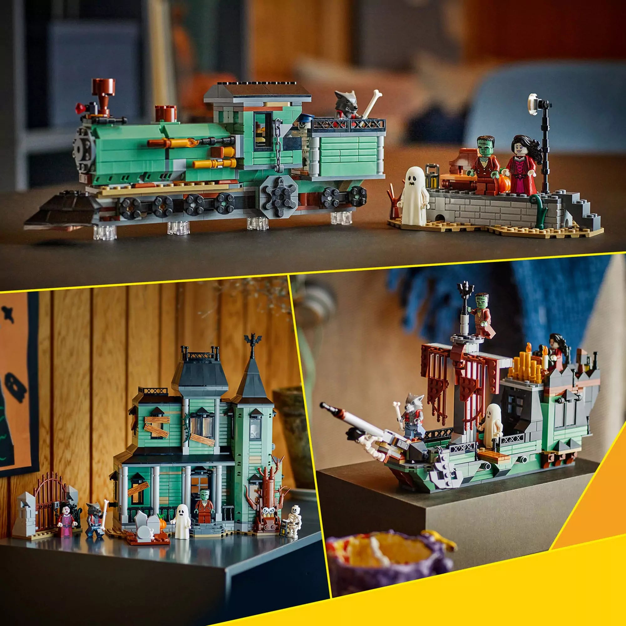 LEGO Creator Kísértetkastély (31167) három modell bemutató – Az épített kísértetvonat, a kalózhajó és a zöld kísértetkastély együtt, a minifigurákkal és szellemekkel.